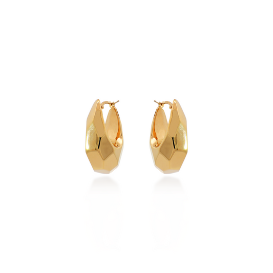 Elongated Yellow Gold Geometric Hoop Earrings