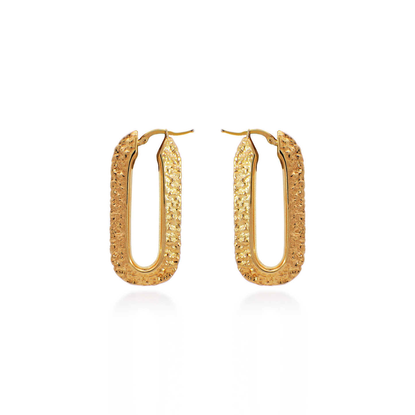 Yellow Gold Textured Oblong Hoop Earrings