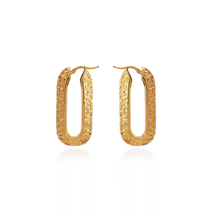 Yellow Gold Textured Oblong Hoop Earrings