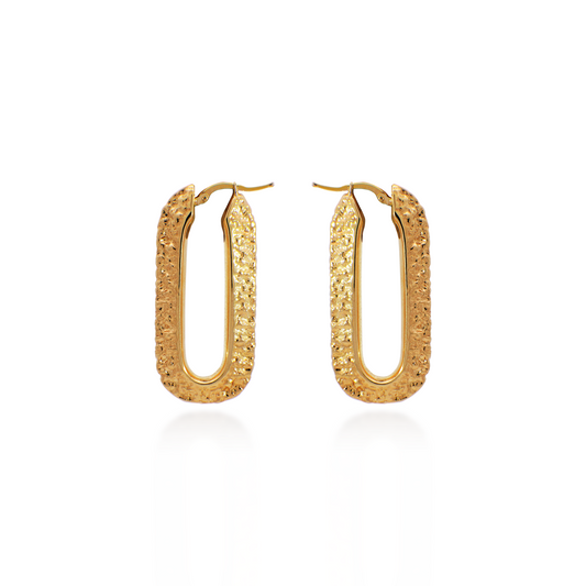 Yellow Gold Textured Oblong Hoop Earrings