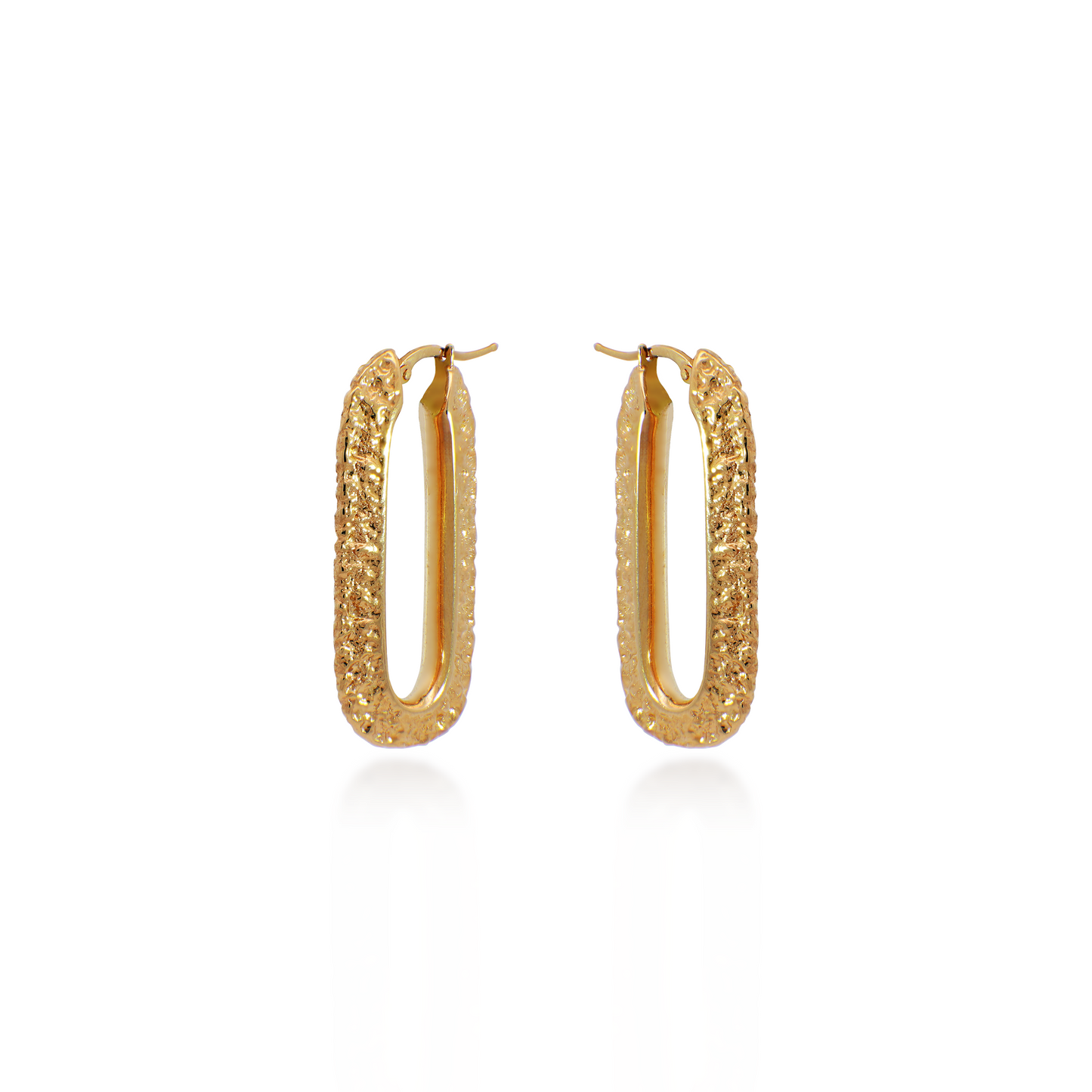 Yellow Gold Textured Oblong Hoop Earrings