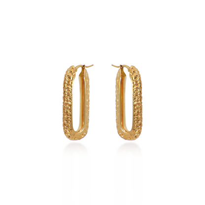 Yellow Gold Textured Oblong Hoop Earrings