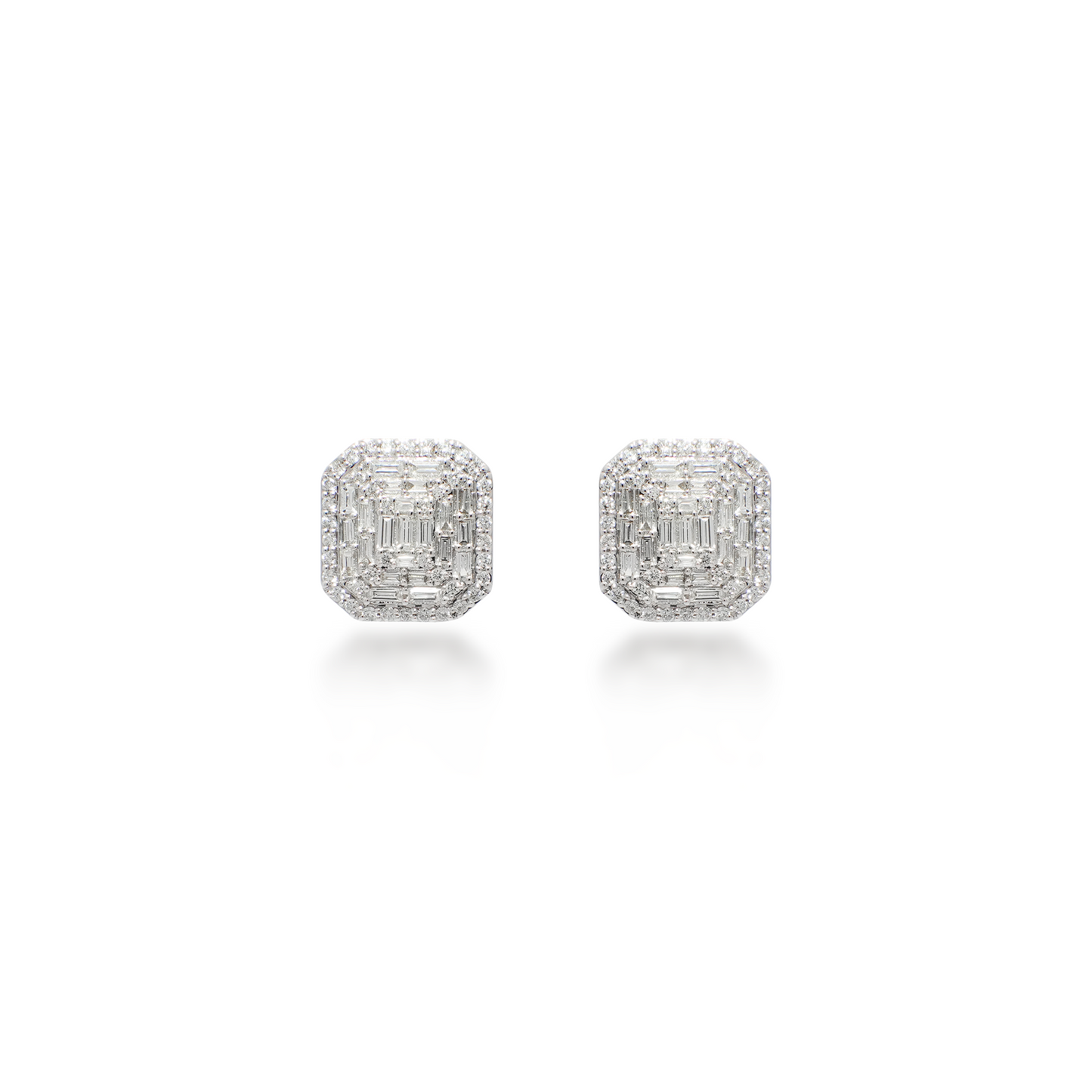 Round and Baguette Diamond Illusion Stud Earrings