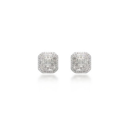 Round and Baguette Diamond Illusion Stud Earrings