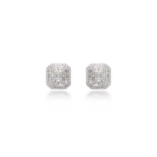 Round and Baguette Diamond Illusion Stud Earrings