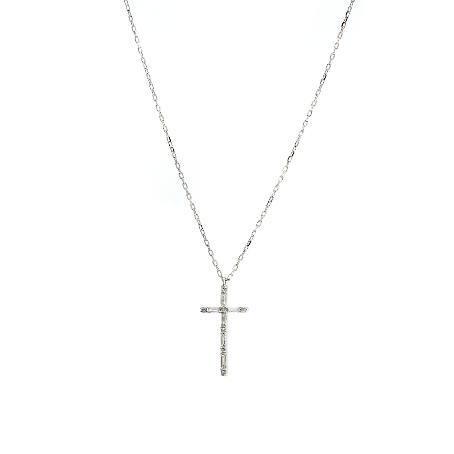 Round and Baguette Cross Necklace in White Gold