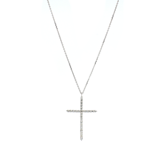 Elongated Round Diamond Cross Necklace in White Gold