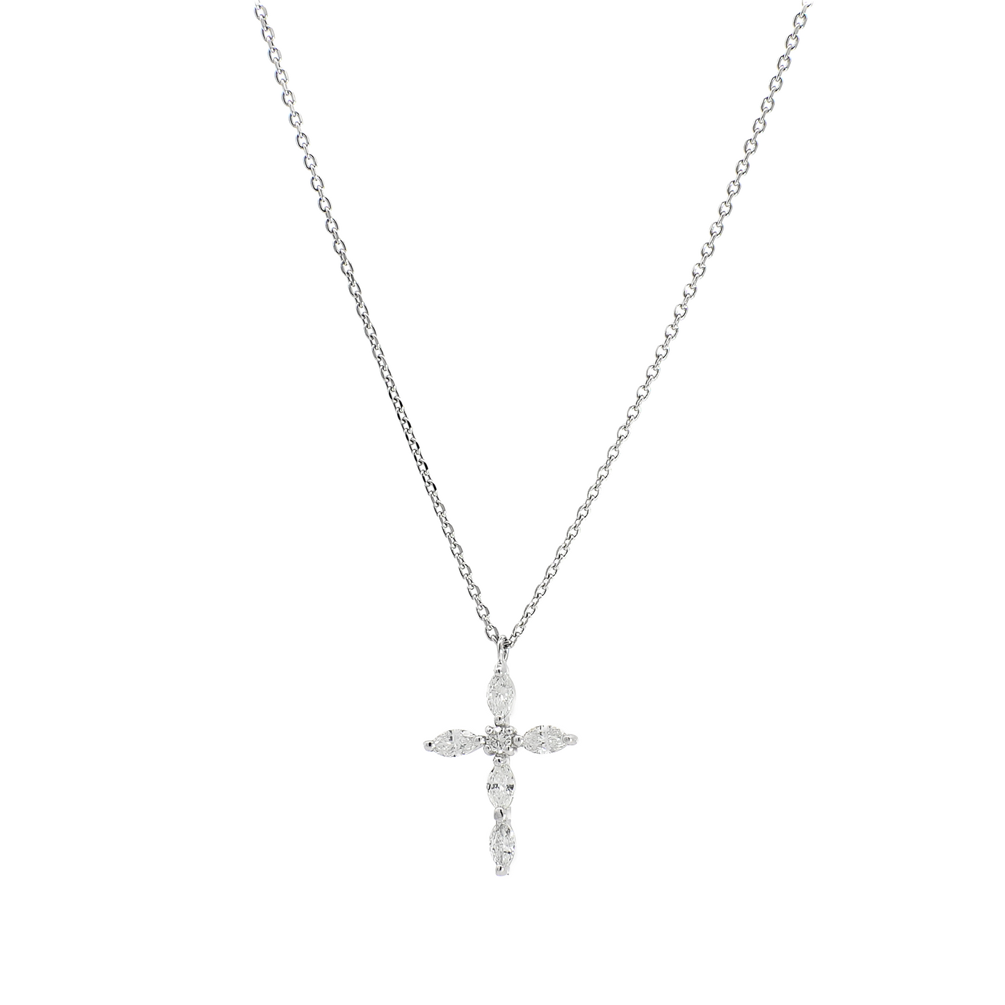 Round and Marquise Diamond Cross Necklace in White Gold