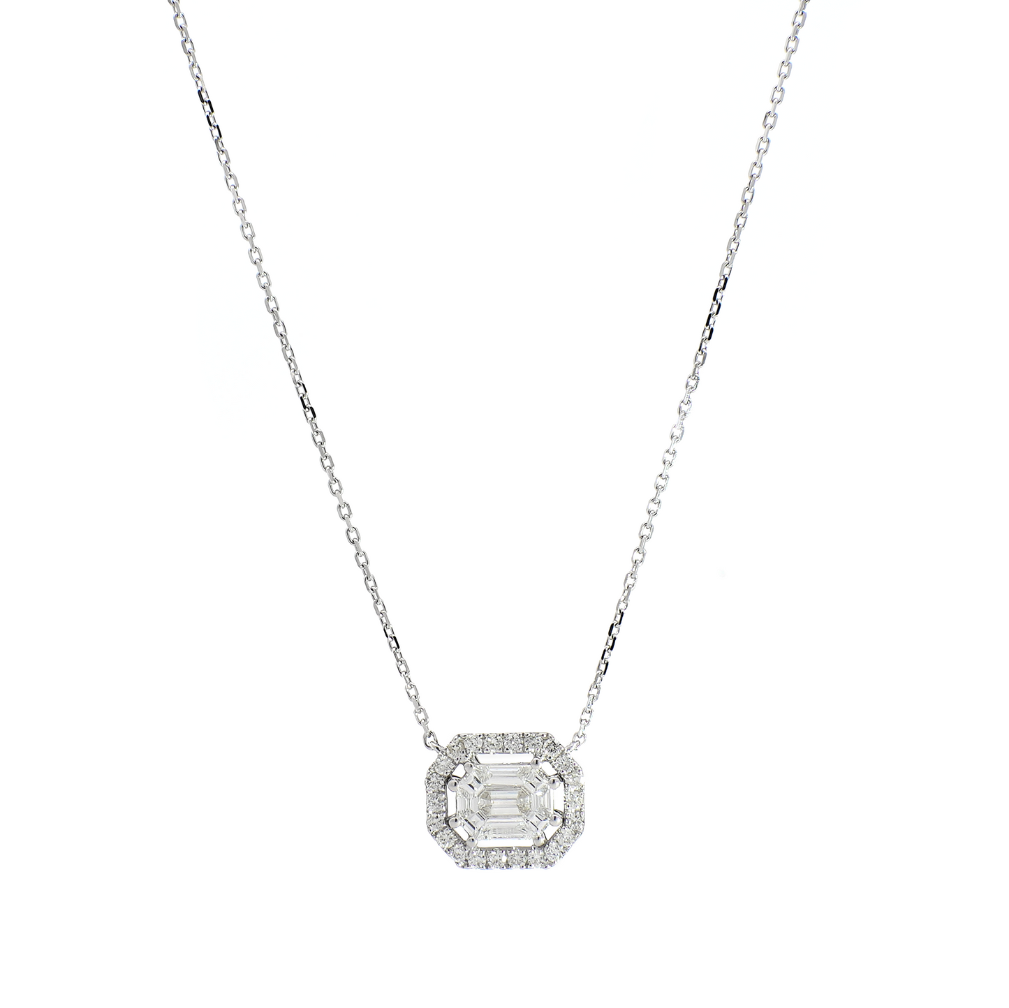 Round and Emerald Diamond Illusion Necklace in White Gold