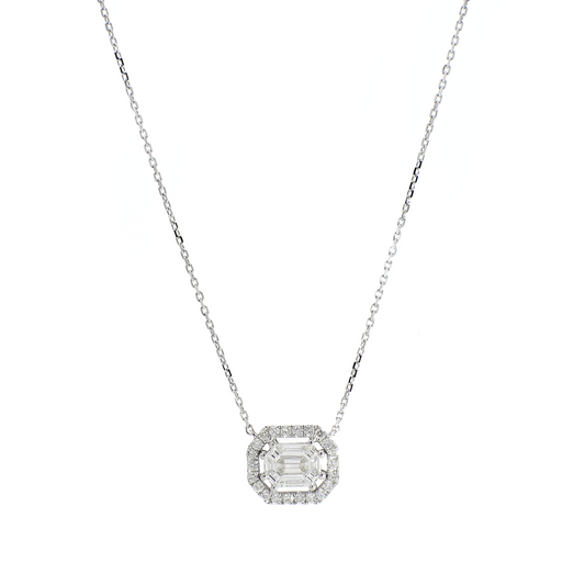 Round and Emerald Diamond Illusion Necklace in White Gold