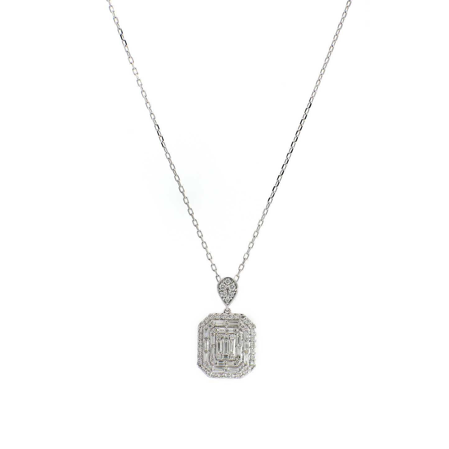 Round and Baguette Diamond Illusion Necklace in White Gold