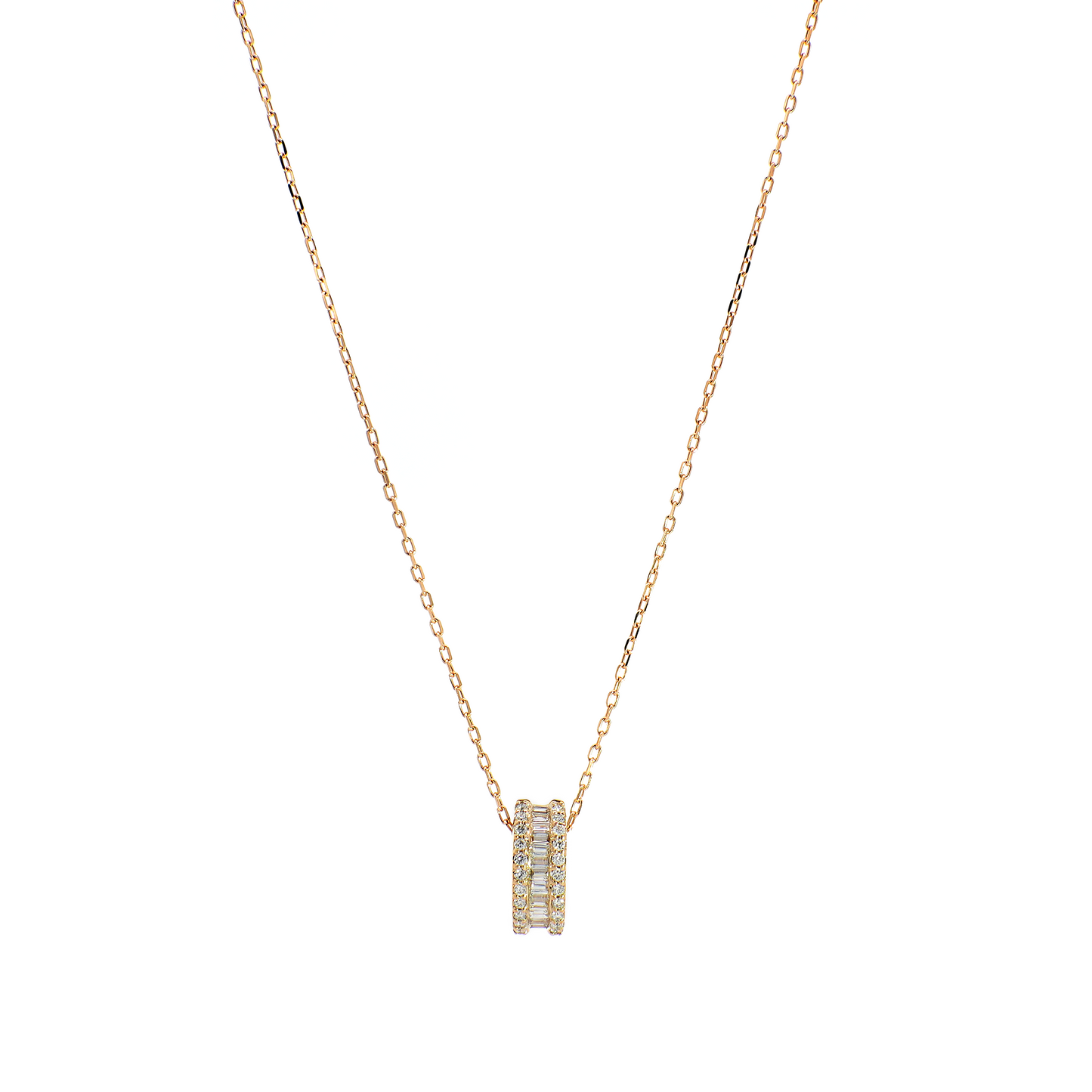 Round and Baguette Diamond Illusion Necklace in Yellow Gold