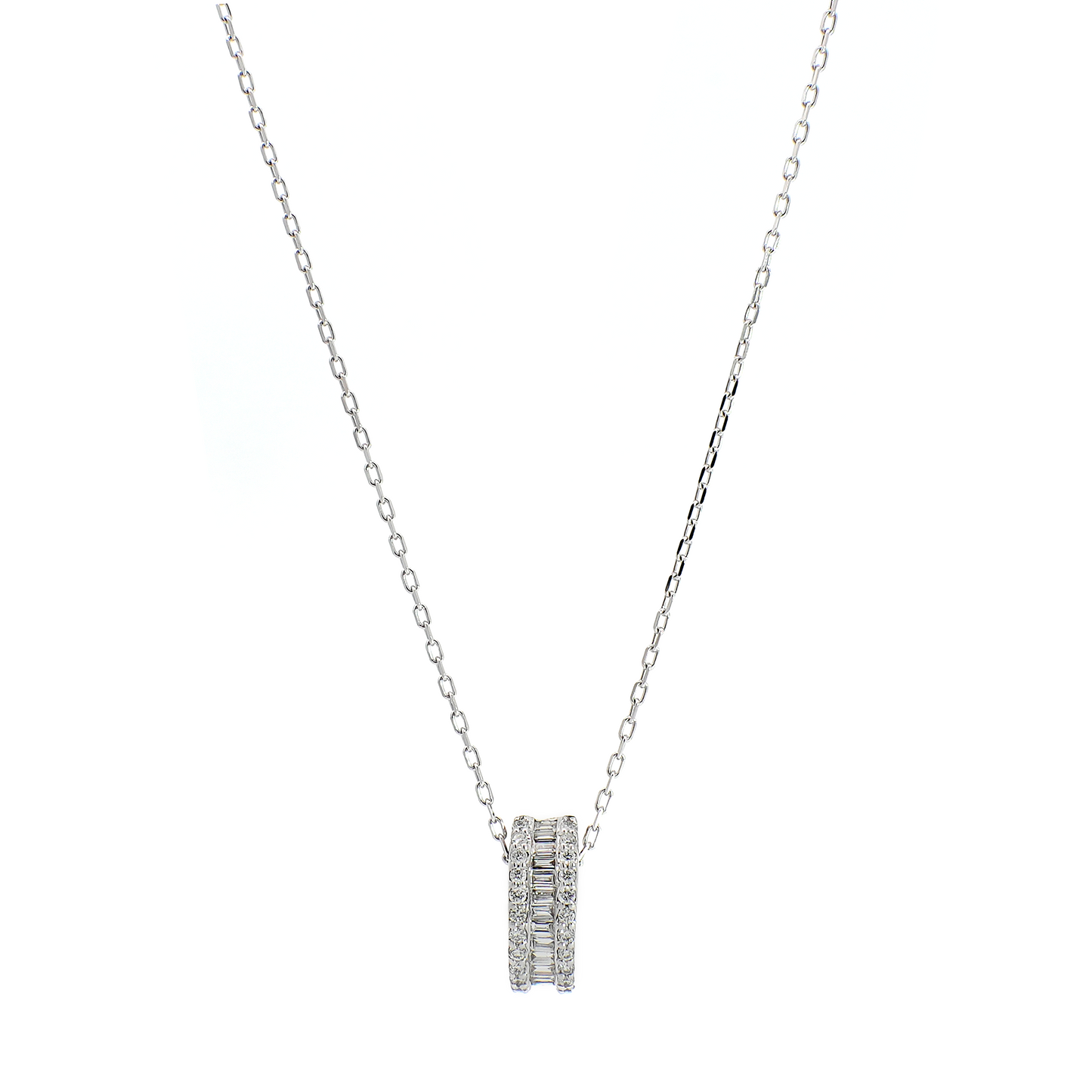 Round and Baguette Diamond Illusion Necklace in White Gold