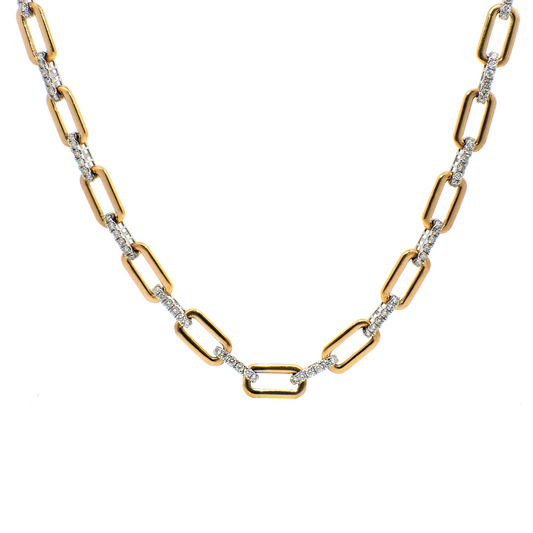 Two-Tone Round Diamond Squared Chain Link Necklace